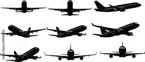 Commercial airplane silhouette collection featuring passenger jet aircraft from multiple angles isolated on white background black vector illustration set