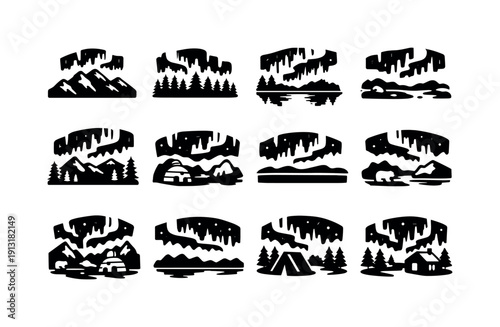 Aurora landscape. Solid icon set of Aurora landscape: aurora over mountains, aurora above forest, aurora lake reflection, aurora tundra