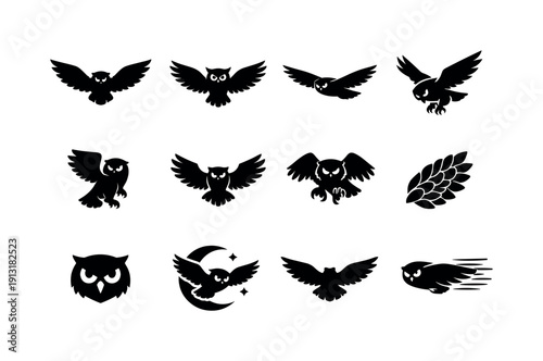 Owls in Flight. Solid icon set of Owls in Flight: flying owl silhouette, wings spread owl, owl gliding, owl swooping down, owl mid-air turn,