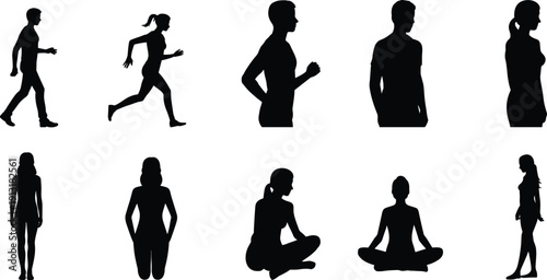 Collection of male and female human silhouettes in various poses including walking, running, standing and yoga positions isolated on white background vector illustration set