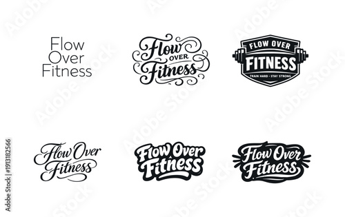 Flow over fitness typography. Set lettering. harmonious lettering variations of the same emblematic concept, each with different artistic