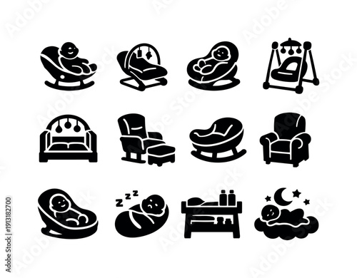 Baby relaxation. Solid icon set of Baby relaxation: calm baby seat, gentle bouncer, infant resting chair, soothing motion seat, baby comfort