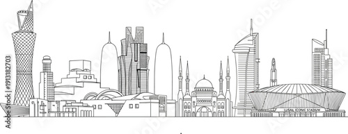 Doha Qatar skyline vector illustration featuring famous landmarks like Burj Doha and Museum of Islamic Art in a modern black line art style
