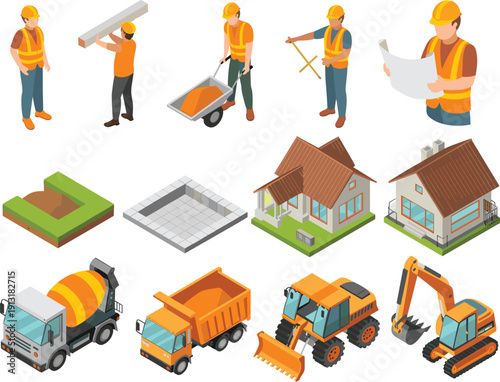 Isometric construction workers, houses, foundation stages and heavy machinery vector set isolated on white background illustration collection