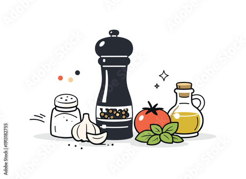 Pepper grinder. Minimal kitchen scene with a pepper grinder placed next to salt and fresh ingredients. Clean culinary setup expressing