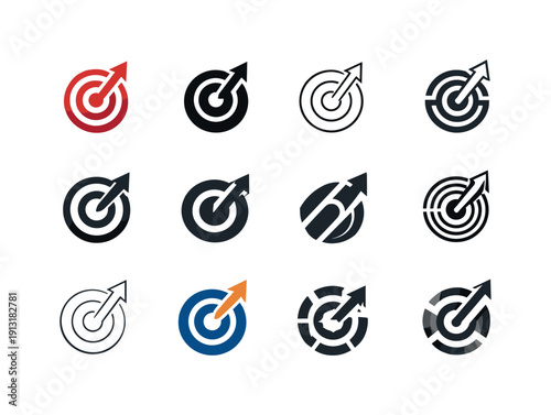 Retail business KPIs. Icon set. Set Logo of retail business KPIs: target with upward arrow. harmonious logo variations of the same emblematic