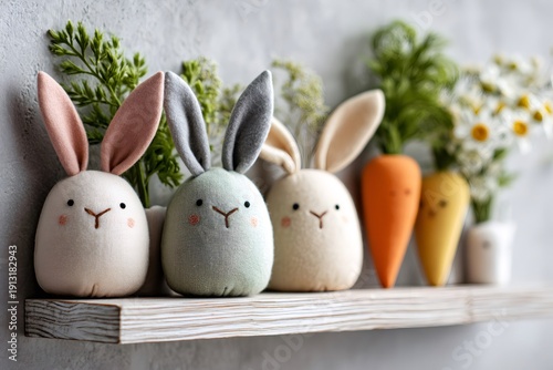 Easter bunny plush toys decorating rustic wooden shelf