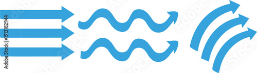 Abstract blue flow and arrow vector set illustrating movement, direction, signal, and data transmission concepts