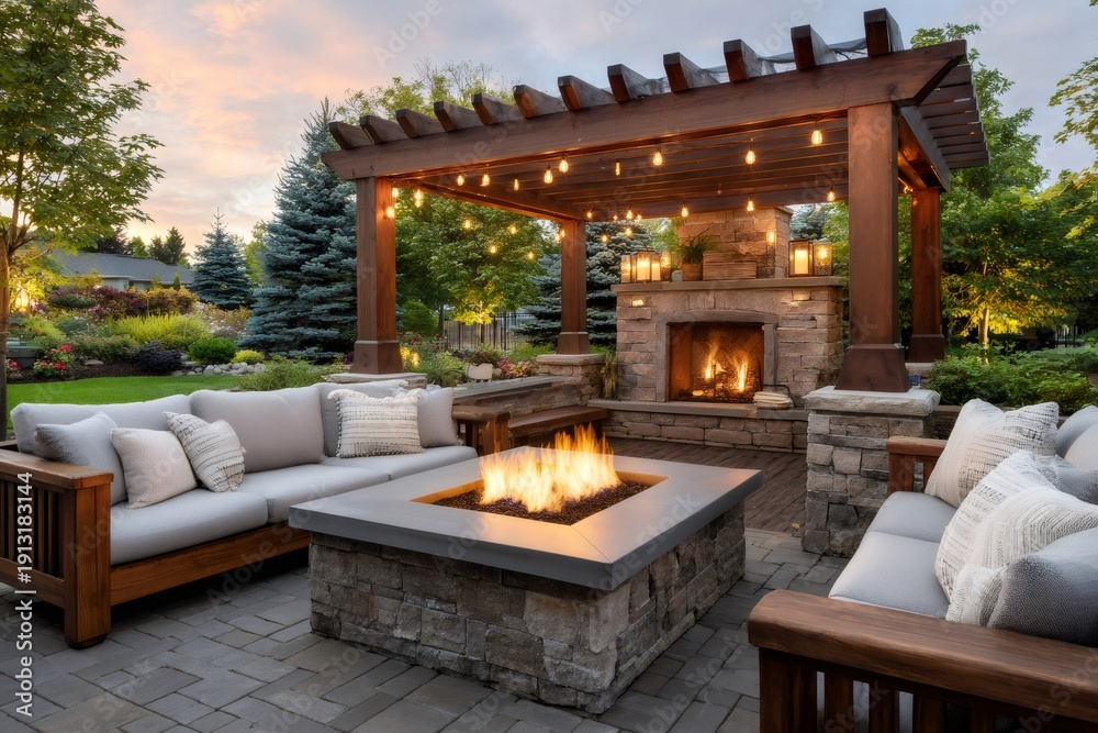 Naklejka premium Luxury outdoor living patio with fire pit and fireplace