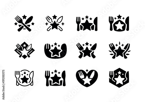Celebratory meal. Icon set. Set Logo of celebratory meal: utensils and star motif. harmonious logo variations of the same emblematic concept,