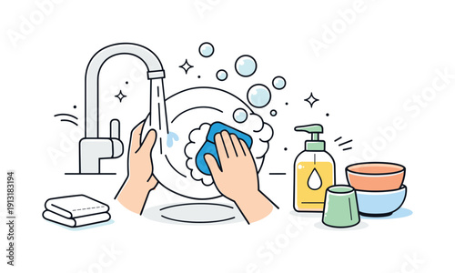 Daily kitchen routine. A simple scene of hands washing dishes under running water with gentle bubbles floating up. Calm productivity and