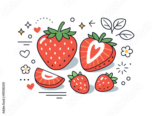 Minimalist Strawberry Illustration. Strawberries close up. Stylized strawberry details combined with small abstract decorative elements in a close, balanced