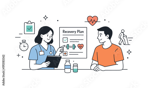 Professional rehabilitation care. A healthcare professional and a patient reviewing a recovery plan with simple documents and icons. The mood