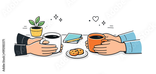 Intimate Coffee Chat. Casual coffee conversation. Close-up of hands holding mugs over a table with minimal decorative items. Calm, intimate, and warm social