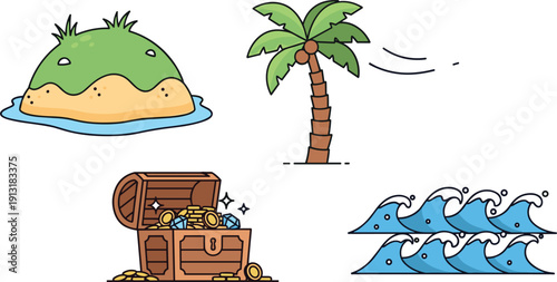 Tropical island adventure set with treasure chest, coconut palm tree, sandy beach and blue sea waves vector illustration isolated on white background.