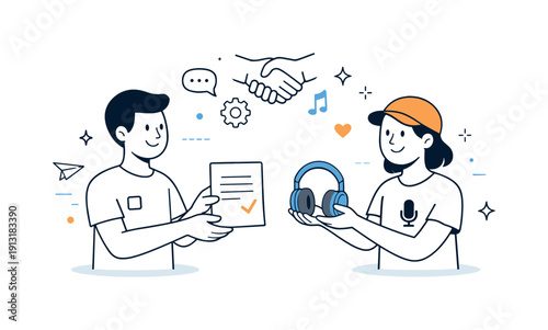 Brand and podcaster collaboration. Two characters exchanging a document and headphones, symbolizing partnership and agreement. The atmosphere