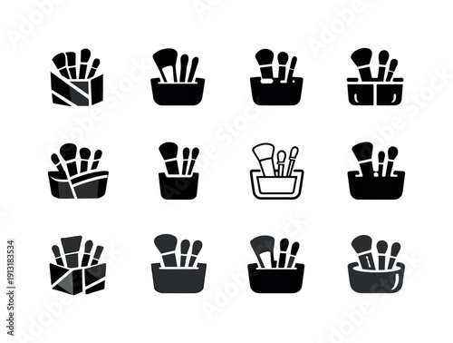 Makeup organizer tray. Icon set. Set Logo of makeup organizer tray: makeup brush container. harmonious logo variations of the same emblematic