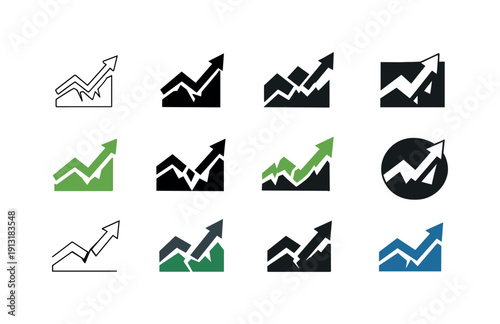 Economic recovery after crises. Icon set. Set Logo of Economic recovery after crises: rising arrow from broken graph. harmonious logo