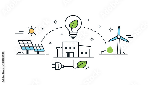 Renewable Energy Icons. Sustainable electricity savings. Solar panels and wind icons connected to a simple building shape. Calm, optimistic mood