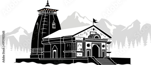 Black and white illustration of a hindu temple with mountains in background