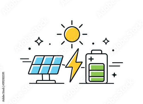 Clean energy business concept. A simplified business icon powered by the sun, battery and solar symbols combined, abstract shapes expressing