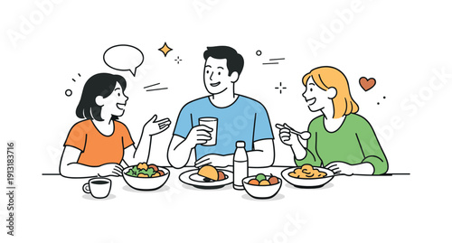 Relaxed conversation at the table. Warm editorial scene of people sitting and chatting while eating, open body language and