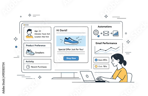 Data-driven personalization. Dashboard with customer data influencing email content in real time. Smart automation, insight-driven decisions