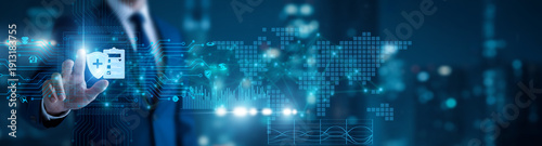 Insurance professional holding digital platform. InsurTech uses technology to streamline insurance services, claims, and customer experience.