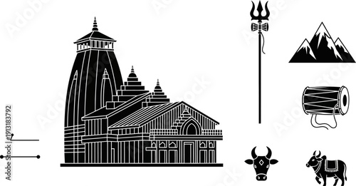 Hindu temple illustration with religious symbols and mountainous backdrop