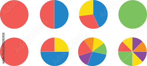 Colorful pie chart and circular infographic vector set for data visualization, statistics, and business analytics presentations