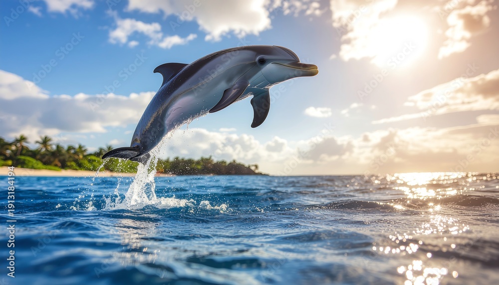 Fototapeta premium Majestic dolphin leaping from ocean waves under a vibrant sunny sky