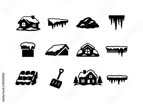 Snowy Roof. Solid icon set of Snowy Roof: snow covered house, icy roof edge, snow pile, icicle cluster, chimney with snow, roof slope, attic