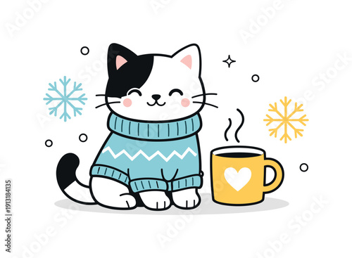 Winter pets fashion. A cat dressed in a simple winter sweater, sitting next to a mug and snowflake shapes, feeling cozy and