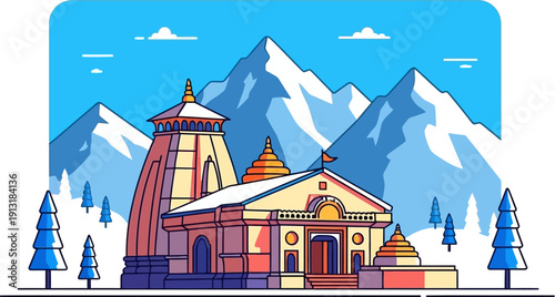 Illustration of a temple complex nestled amongst snow capped mountains