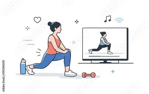 Minimal virtual fitness illustration. A single character exercising in front of a screen, with clear motion lines and plenty of open space.