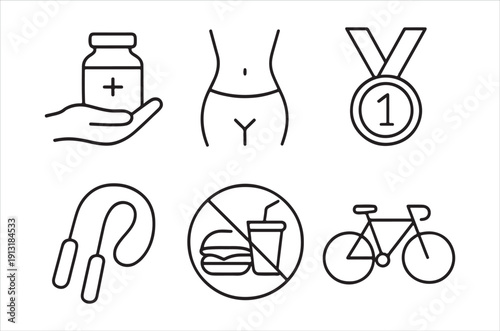 Line art icons depicting health fitness and well being concepts