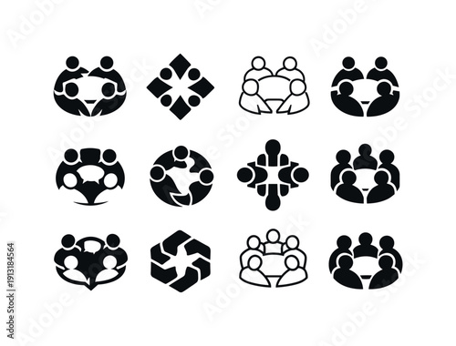 People working together in teams. Icon set. Set Logo of people working together in teams: team discussion emblem. harmonious logo variations