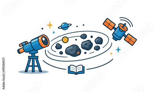 Asteroid belt studies visualized as a telescope and satellite working together to observe distant rocky bodies in orbit. The illustration