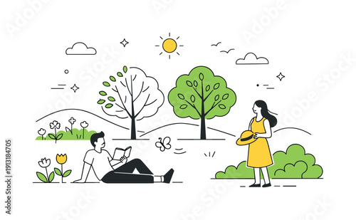 Spring blooms to summer greenery. Trees slowly filling with leaves as flowers fade into background shapes. A sense of warmth, stability, and