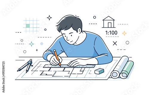 Architectural blueprints drafting. A focused designer drawing lines on a large blueprint with a pencil and ruler, quiet concentration.