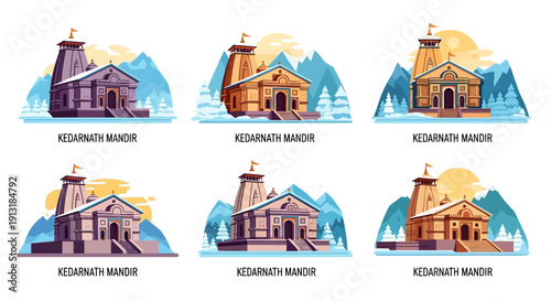 Illustrations of kedarnath temple in varying styles and perspectives