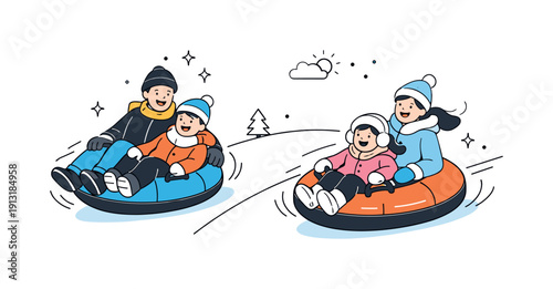 Snow Tubing Fun. Snow tubing family leisure scenes