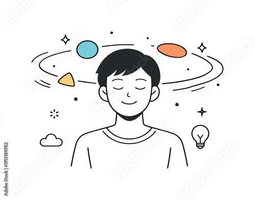 Self-Care Serenity. Self-care moment. A person enjoying quiet time with eyes closed and a gentle smile, abstract shapes softly orbiting to show calm focus and