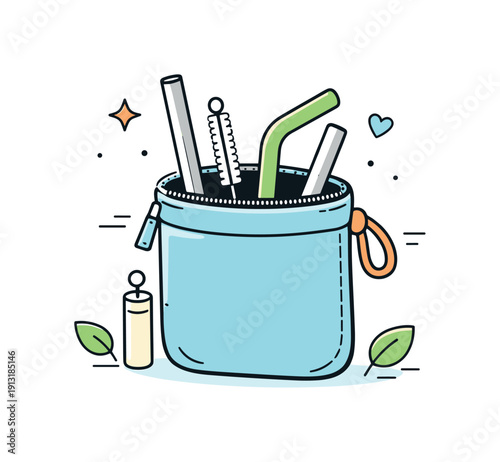 Sustainable Travel Straws. Reusable straws. Reusable straws stored in a small pouch or holder, ready for travel. Organized, sustainable habit and light