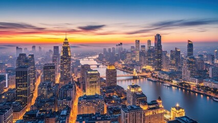 Panoramic Sunset Over a Bright City Skyline at Dusk.