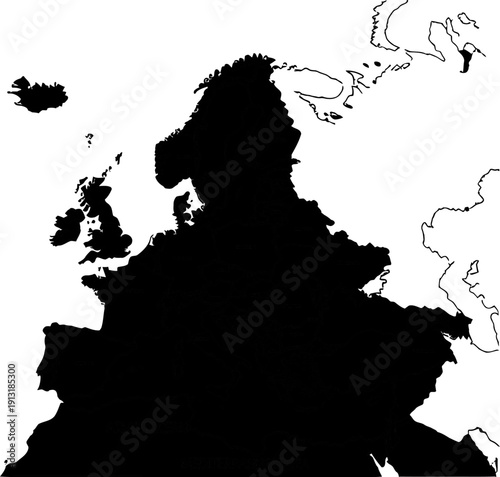 Map of Europe continent on white background with black silhouette illustration