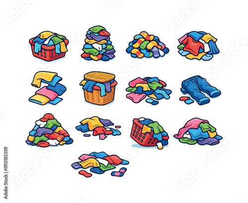 Laundry Basket Overflow. Colorful isometric vector icons set of Laundry Basket Overflow: overflowing laundry basket, piled dirty clothes,