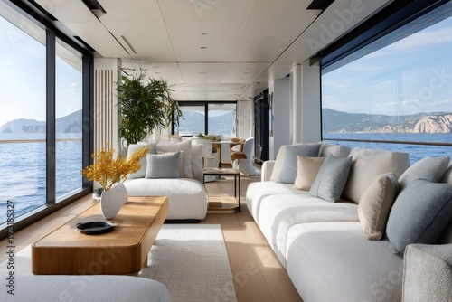 Yacht interior lounge offering panoramic sea view and luxurious lifestyle