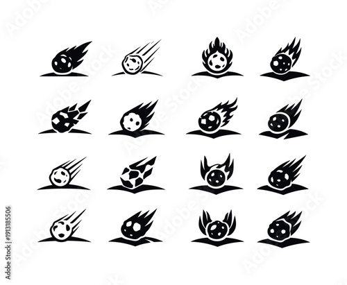 Asteroid. Icon set. Set Logo of Asteroid: asteroid entering atmosphere. harmonious logo variations of the same emblematic concept, each with