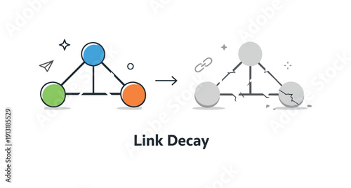 Link decay visualization. A digital tree or grid layout with vibrant nodes slowly fading as their connecting lines crack apart, showing